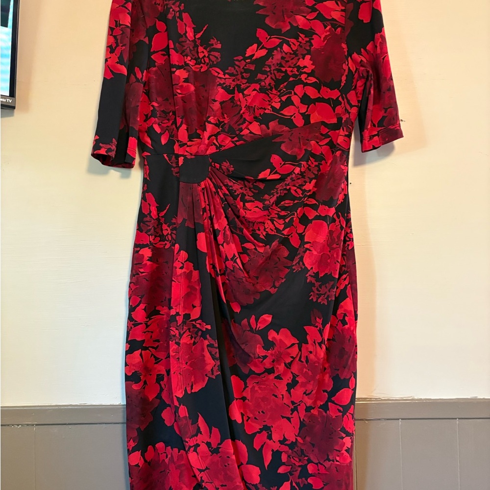 Connected Apparel Black and Red Floral Midi Dress